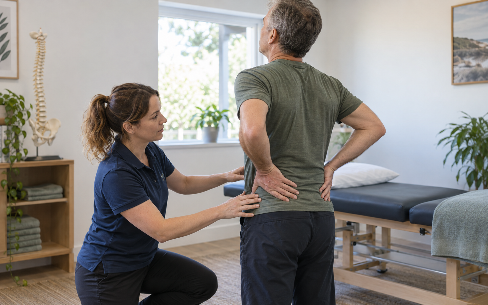 Physiotherapist assessing adult lower-back movement in a clinic