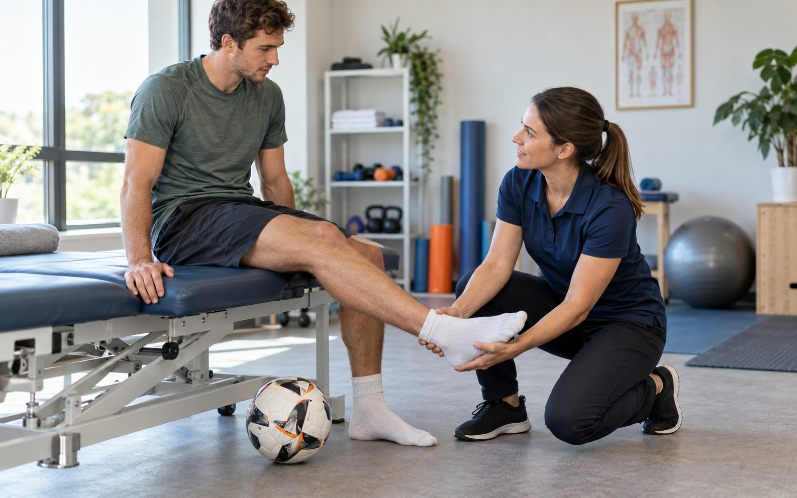 Physiotherapist assessing an ankle injury with a football player