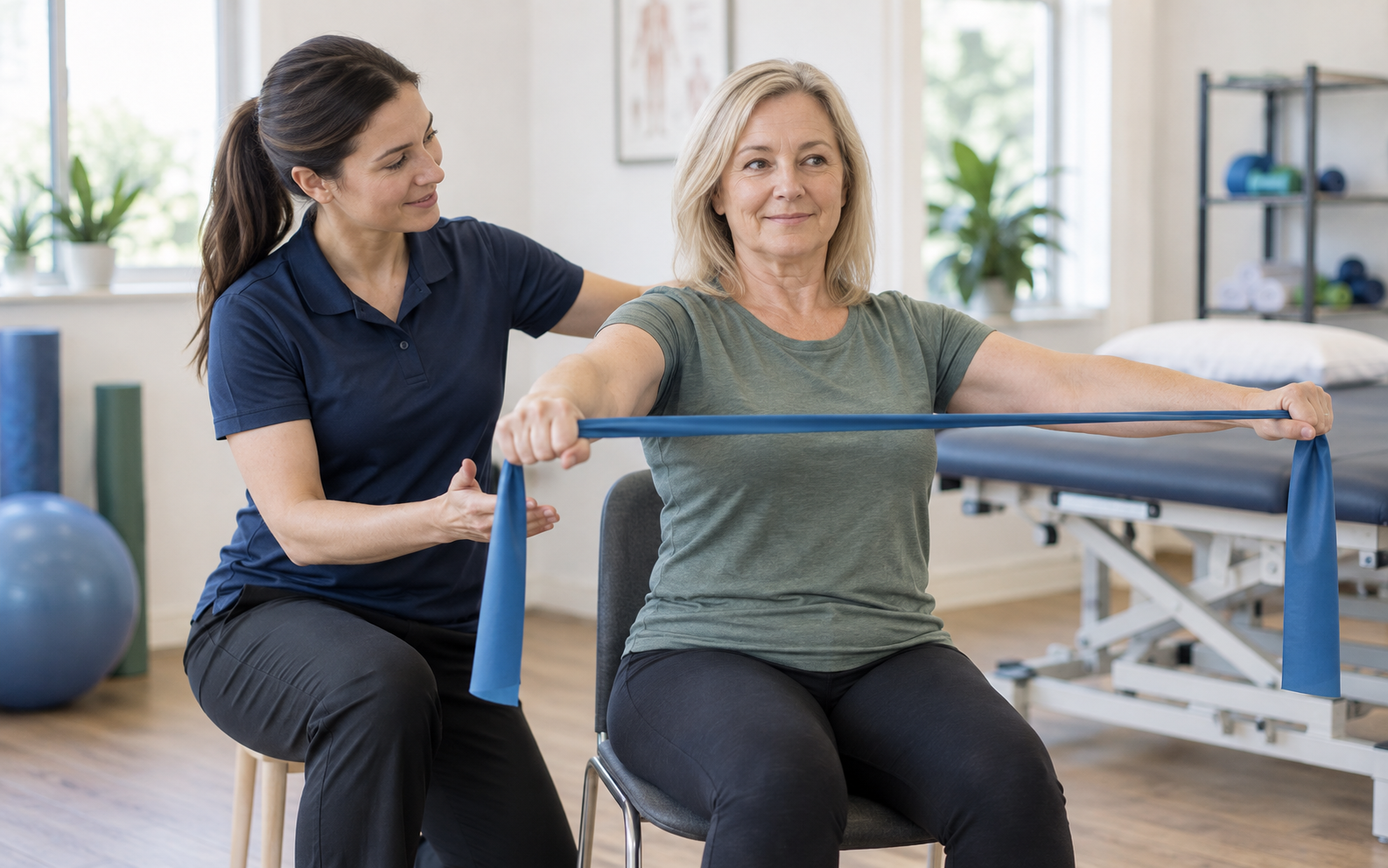 Physiotherapist guiding a patient through a resistance-band exercise